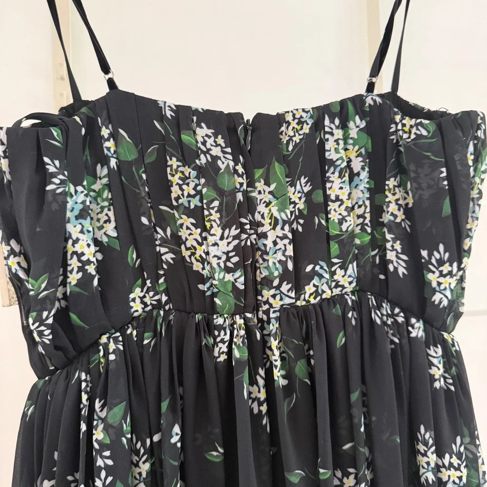 Sau Lee Georgina Ditsy Floral Gown Black Chiffon Pleated Bustier Maxi Dress Sz 4 - Picture 12 of 13